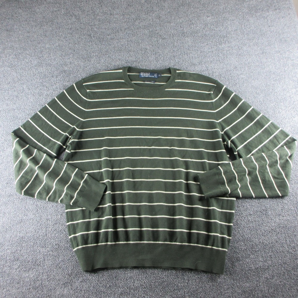 VTG Polo Ralph Lauren Sweater Men XL Green Striped Cotton Crew Neck Pullover 90s